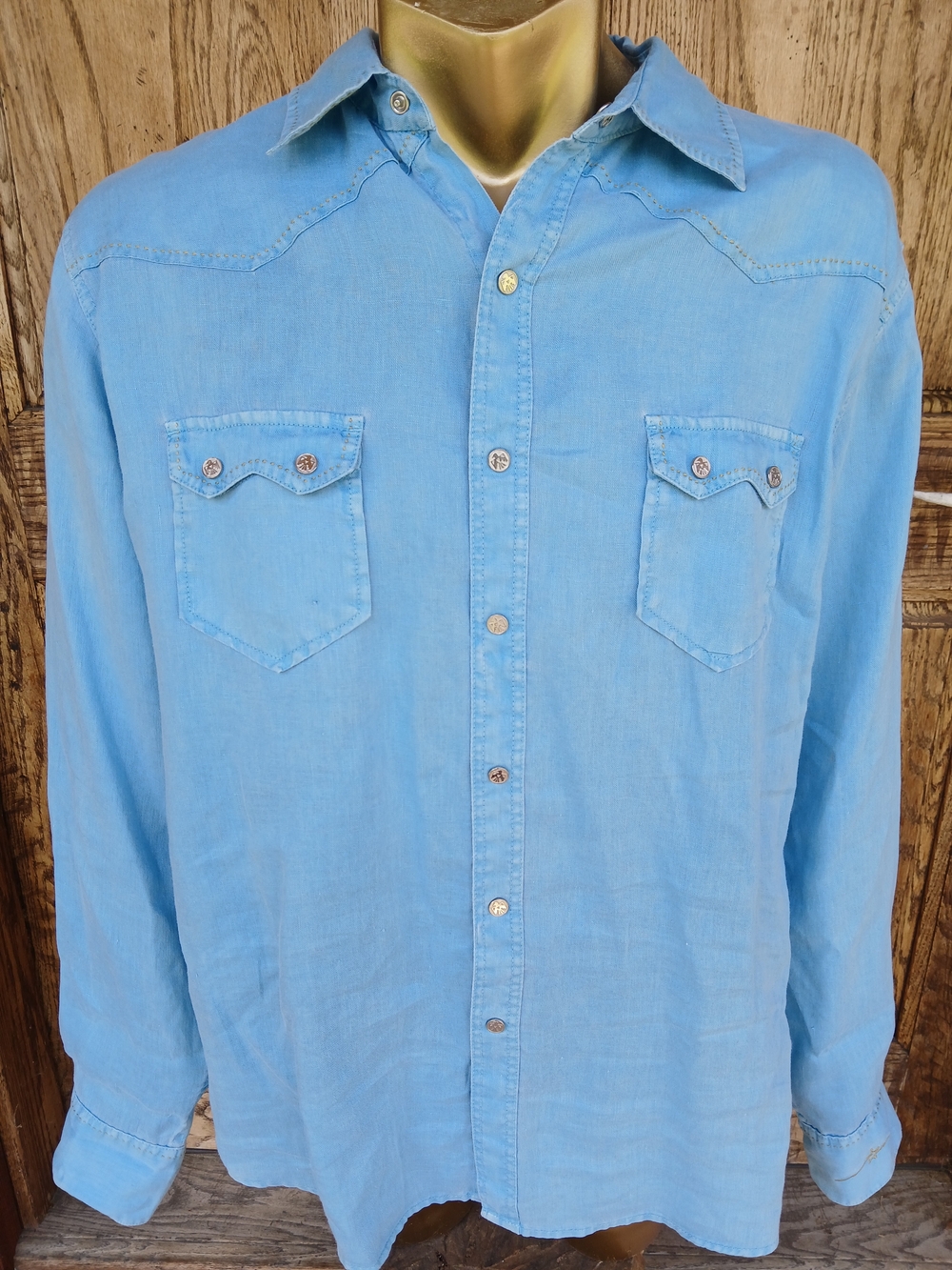Ryan Michael Linen Light Blue Men's Western Button-Down Snap Shirt XL